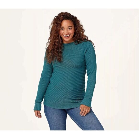 Logo Lori Goldstein Women's Ribbed Stitch Cloudia Sweater Teal Large Mock Neck - Picture 1 of 15
